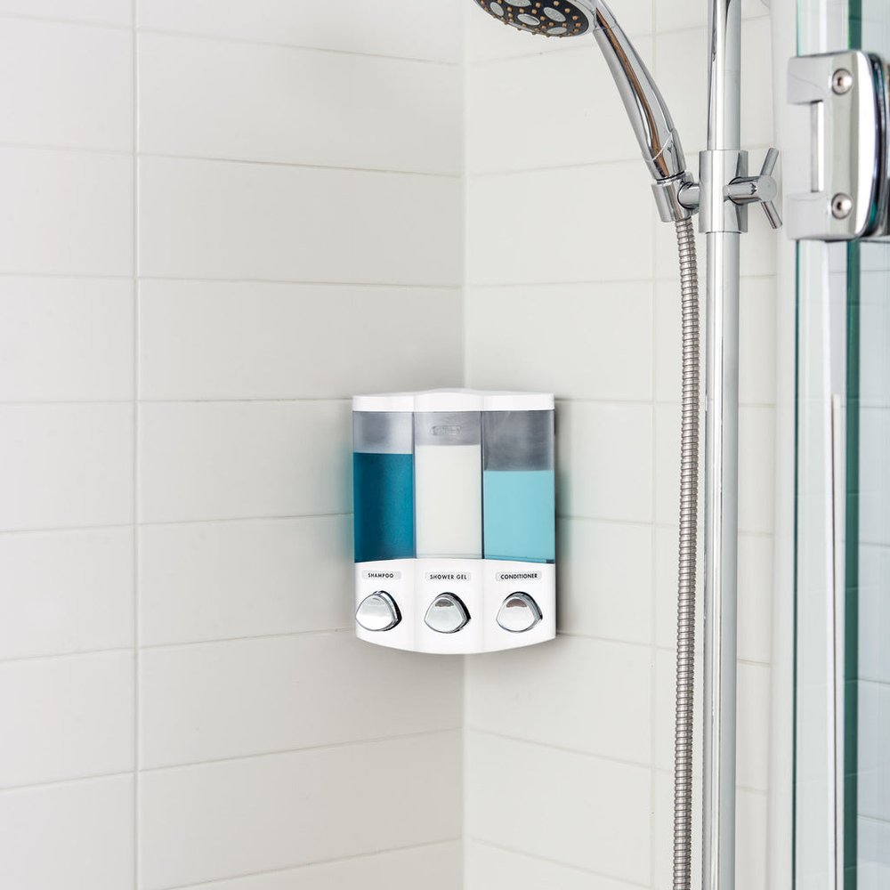 White Heavy Duty Plastic Three Chamber Wall Mount Soap Dispenser on a white background