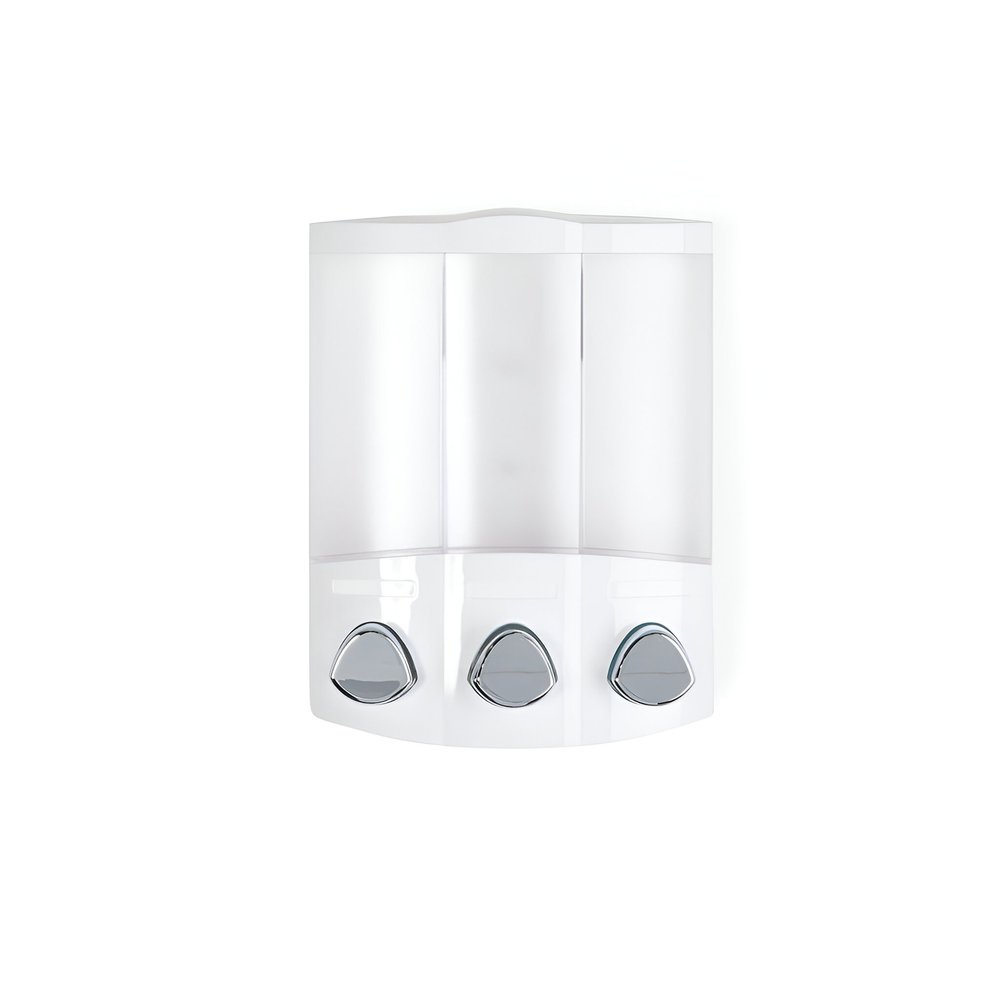 White Heavy Duty Plastic Three Chamber Wall Mount Soap Dispenser on a white background