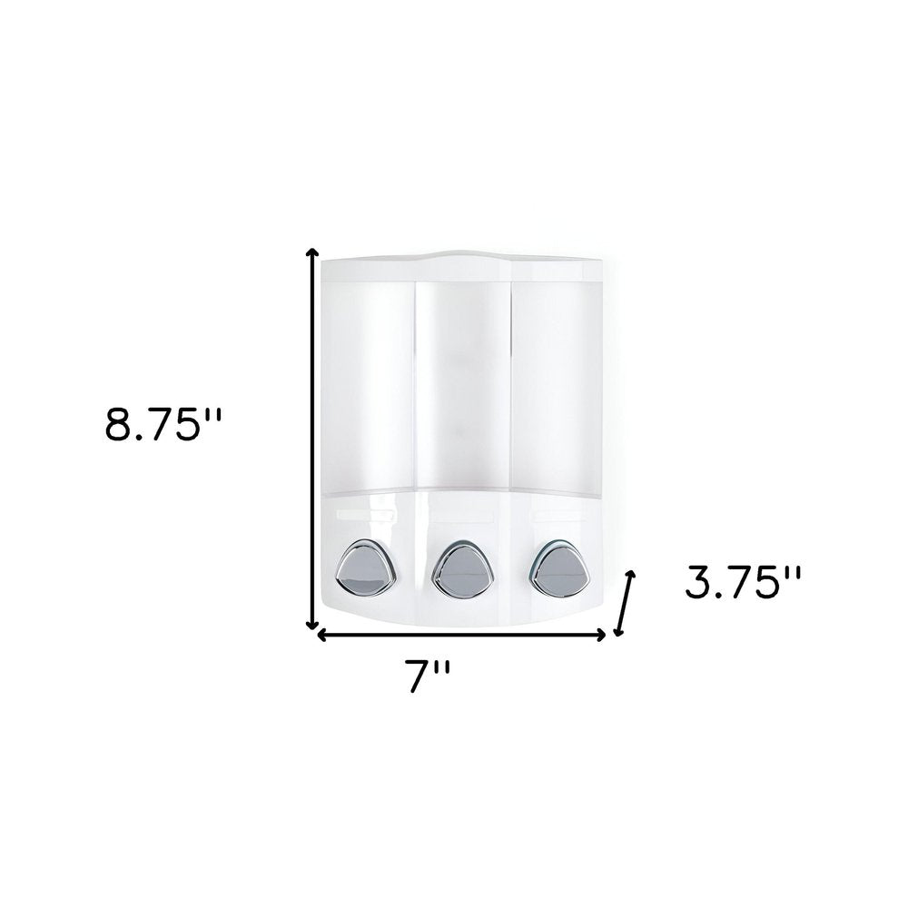 White Heavy Duty Plastic Three Chamber Wall Mount Soap Dispenser on a white background
