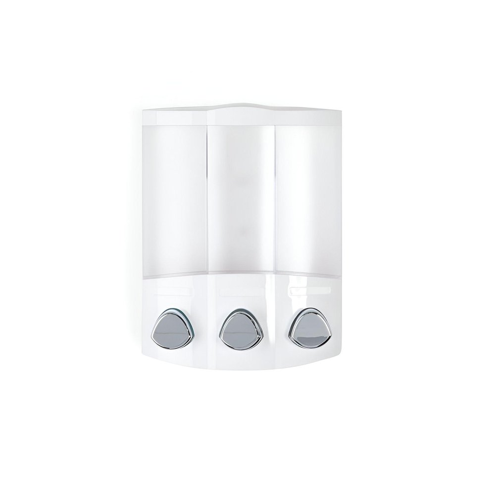 White Heavy Duty Plastic Three Chamber Wall Mount Soap Dispenser on a white background