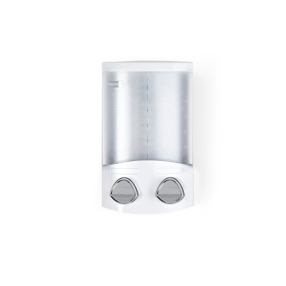 White Heavy Duty Plastic Two Chamber Wall Mount Soap Dispenser on a white background