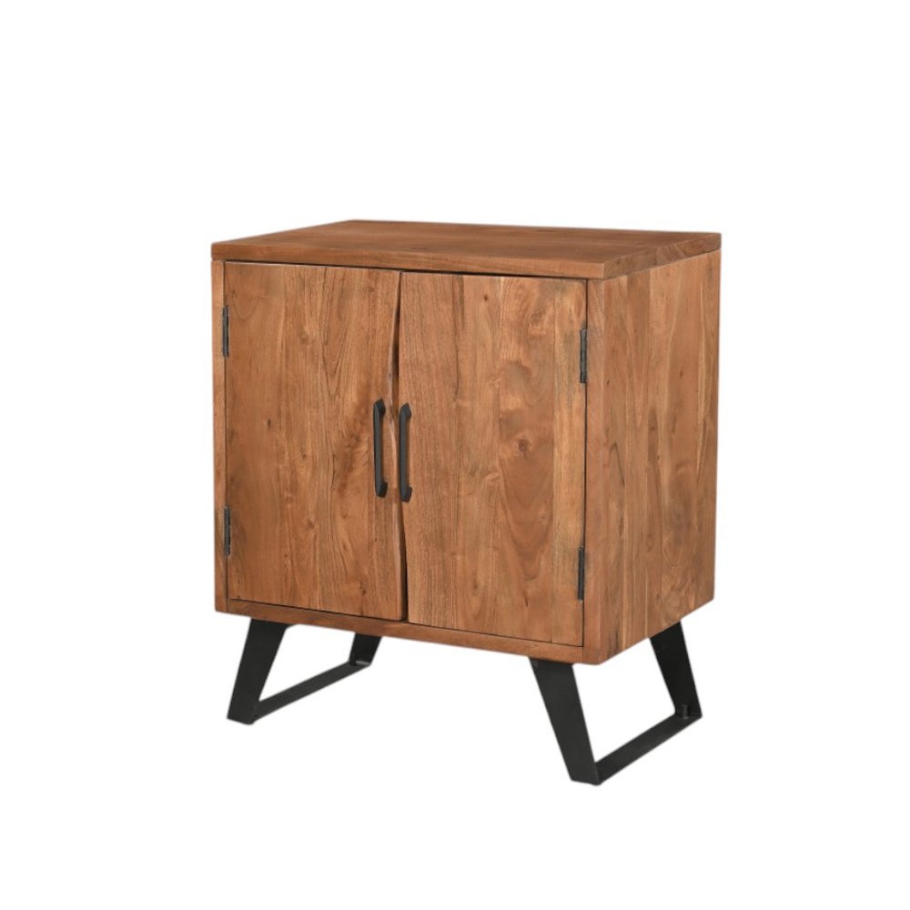 Brown solid wood nightstand with live edge top and black metal legs on a white background.