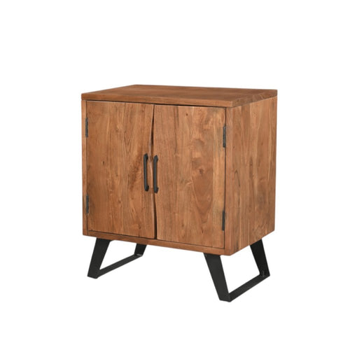 Brown solid wood nightstand with live edge top and black metal legs on a white background.