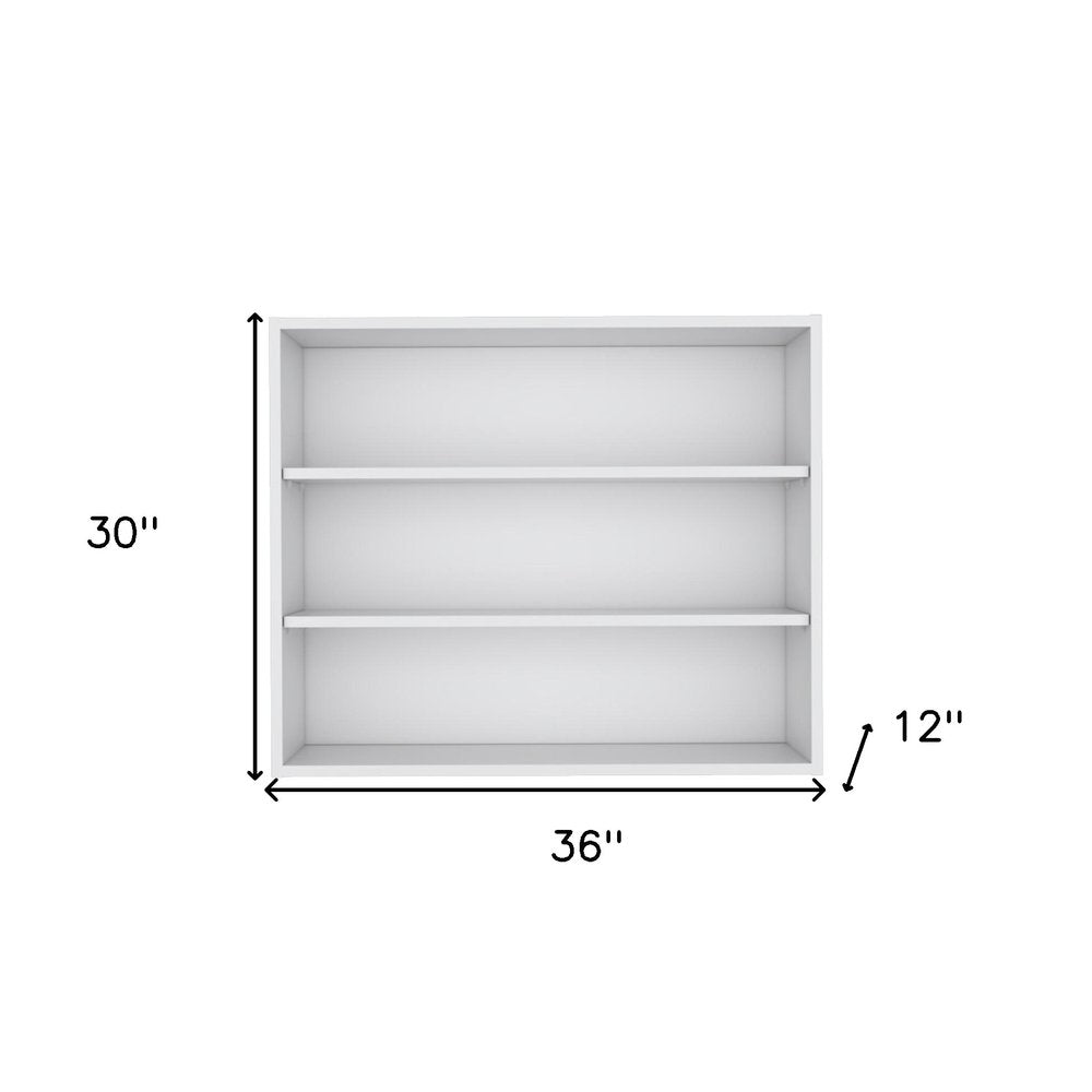36" White Wood Three Tier Wall Mounted Floating Shelf. Wall mounted shelve isolated on a plain white background, showing a white wood surface.
