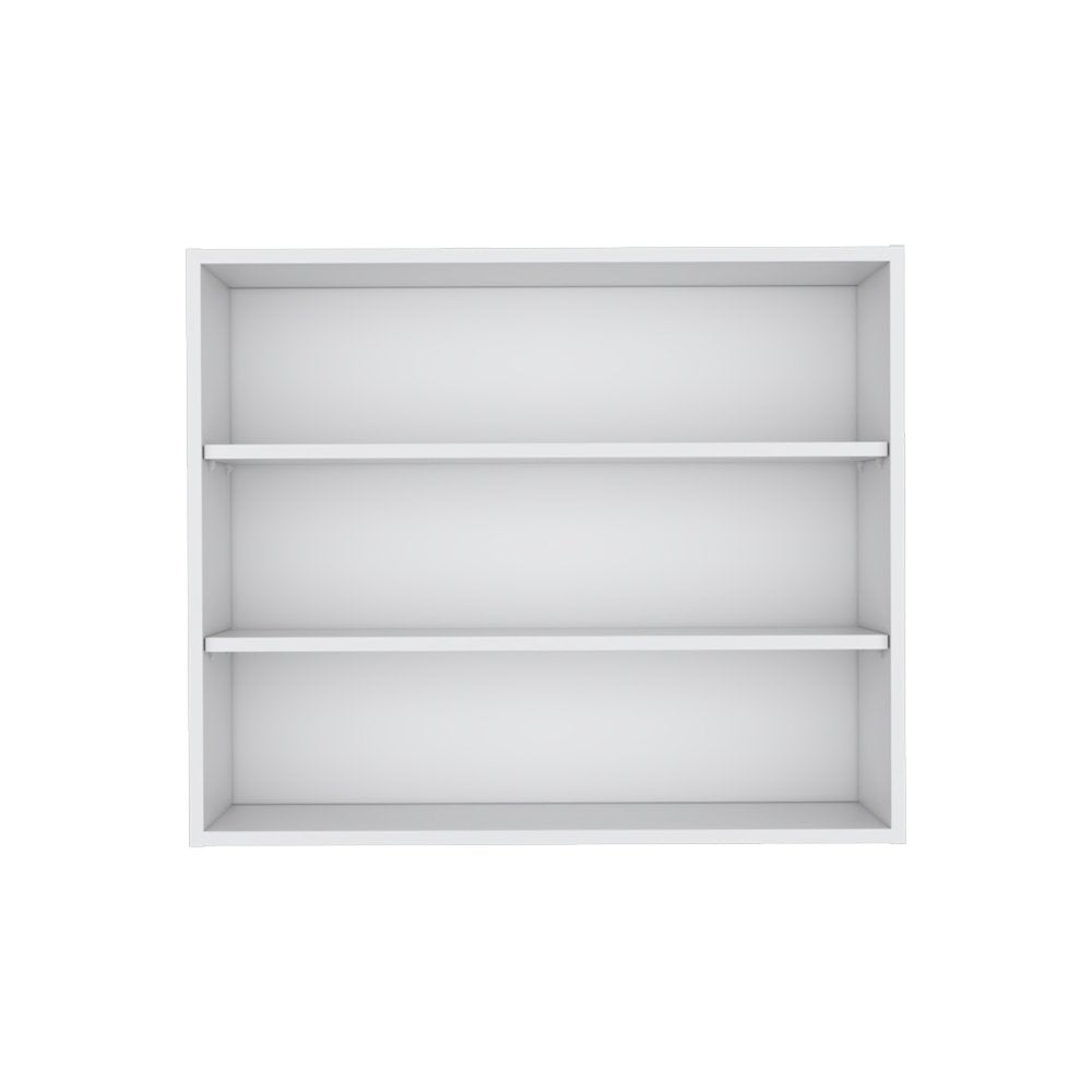 36" White Wood Three Tier Wall Mounted Floating Shelf. Wall mounted shelve isolated on a plain white background, finished in white wood.
