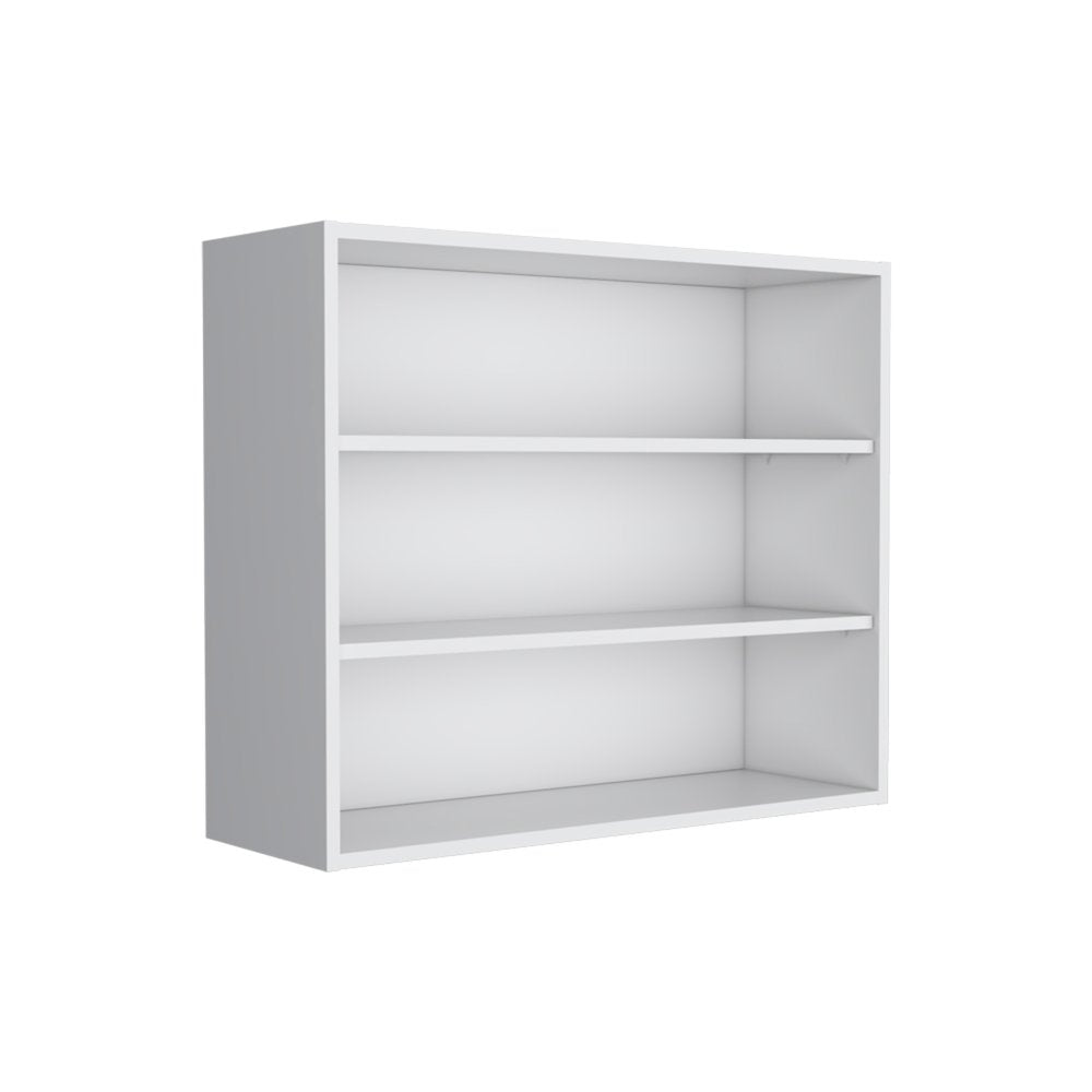 36" White Wood Three Tier Wall Mounted Floating Shelf. Wall mounted shelve isolated on a plain white background, in a white wood finish.