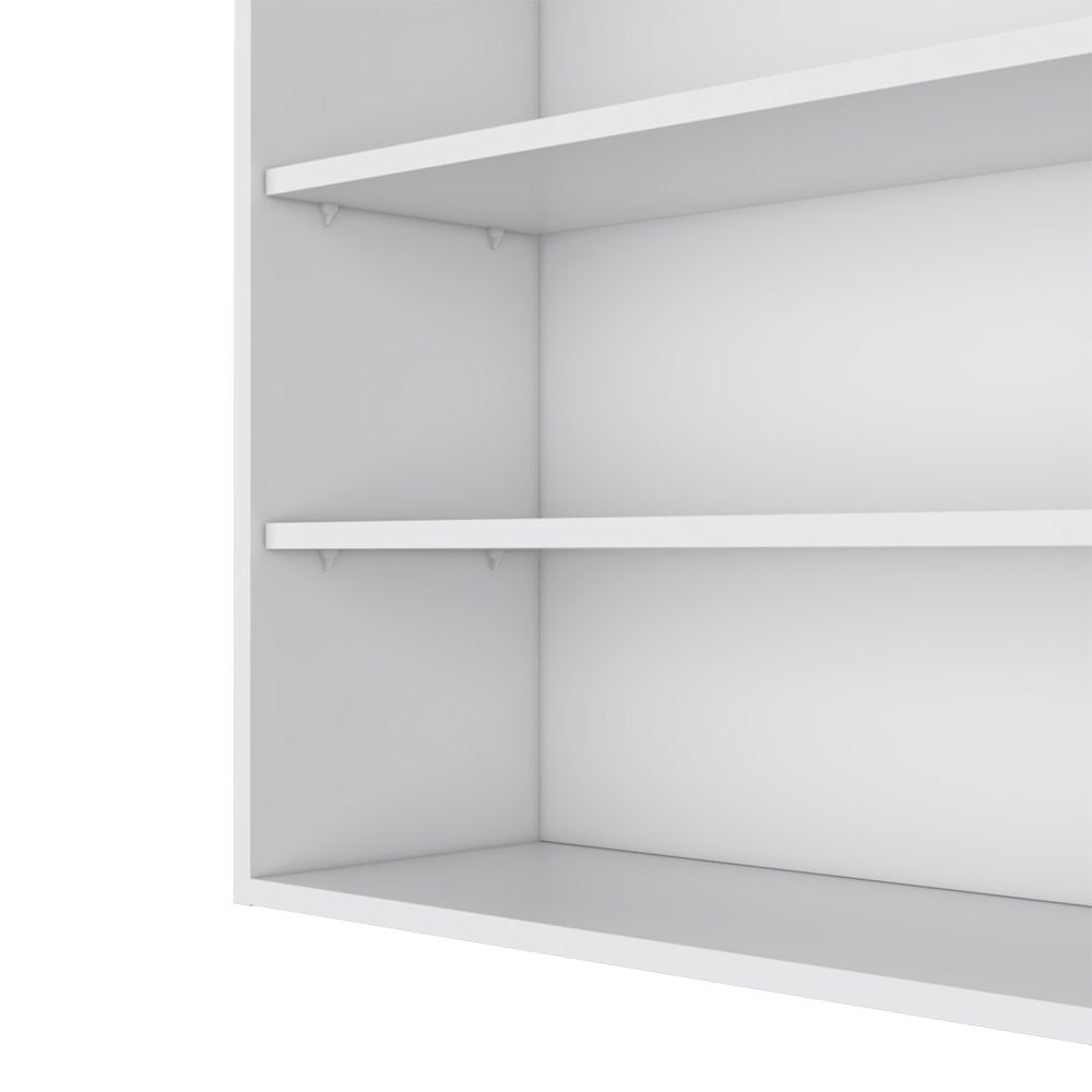 36" White Wood Three Tier Wall Mounted Floating Shelf. Wall mounted shelve isolated on a plain white background, finished in white wood.