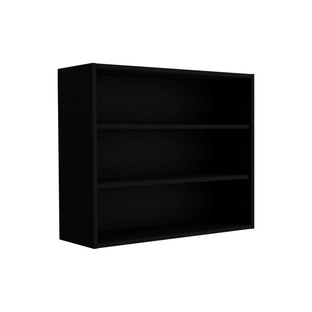 Black wood three-shelf wall-mounted floating shelf against a white background.