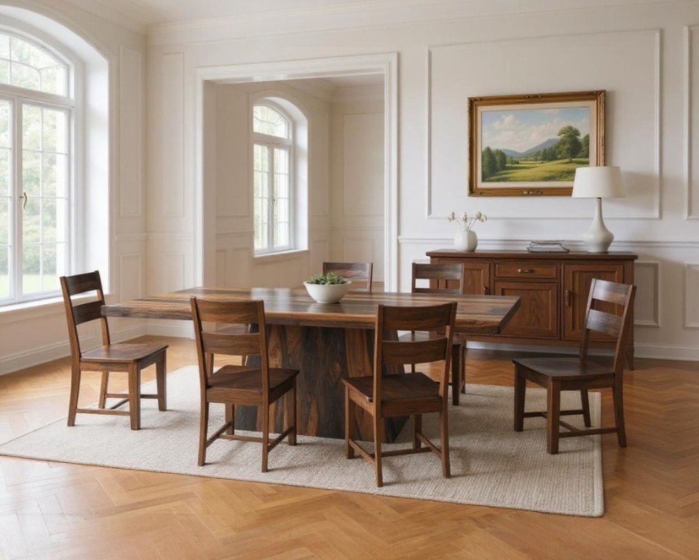 Seven Piece Dark Brown Solid Wood Dining Set with Six Chairs in a home interior