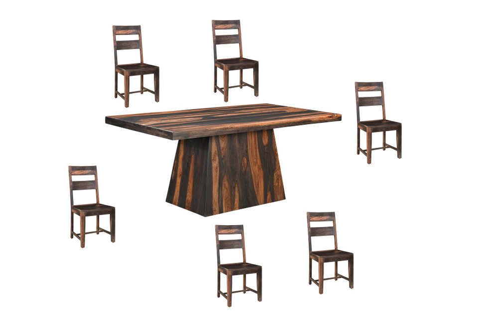 Seven Piece Dark Brown Solid Wood Dining Set with Six Chairs on a white background