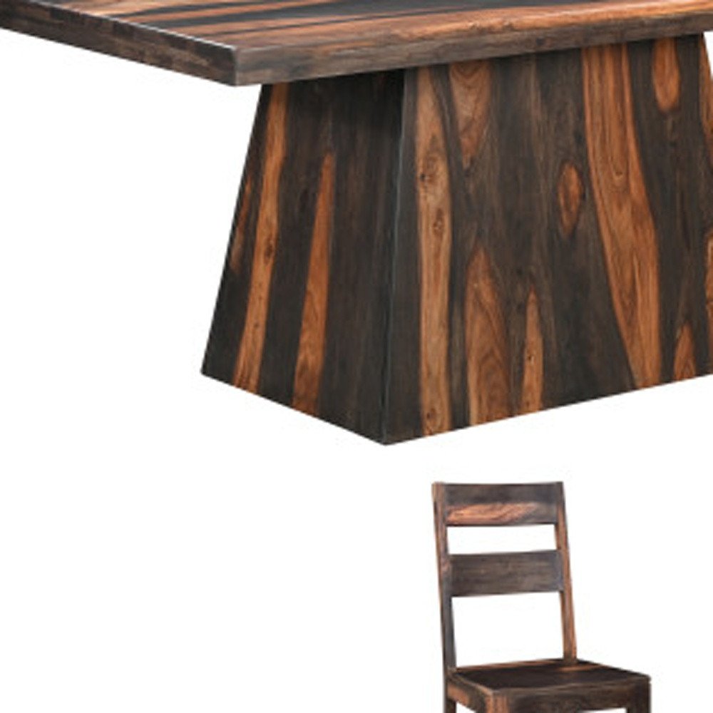 Seven Piece Dark Brown Solid Wood Dining Set with Six Chairs on a white background
