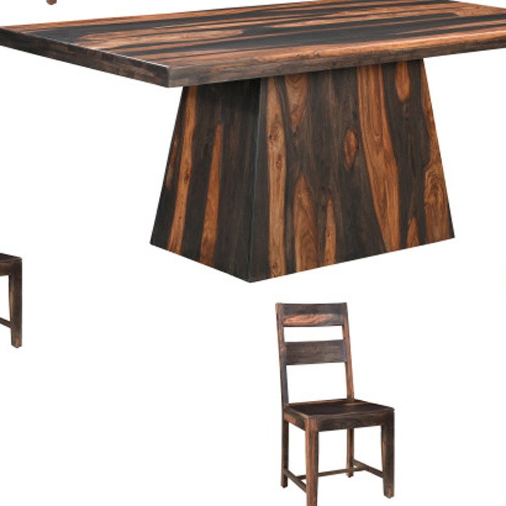 Seven Piece Dark Brown Solid Wood Dining Set with Six Chairs on a white background