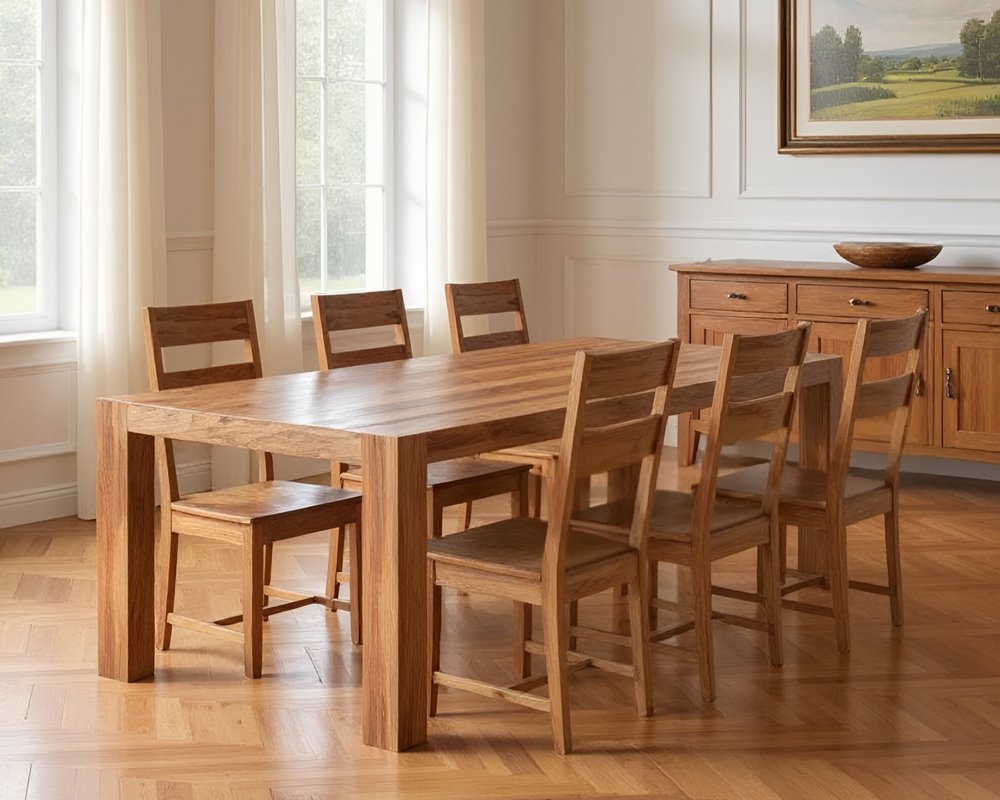 Seven Piece Brown Solid Wood Dining Set with Six Chairs - 30" H x 75" W x 40" D in a home interior