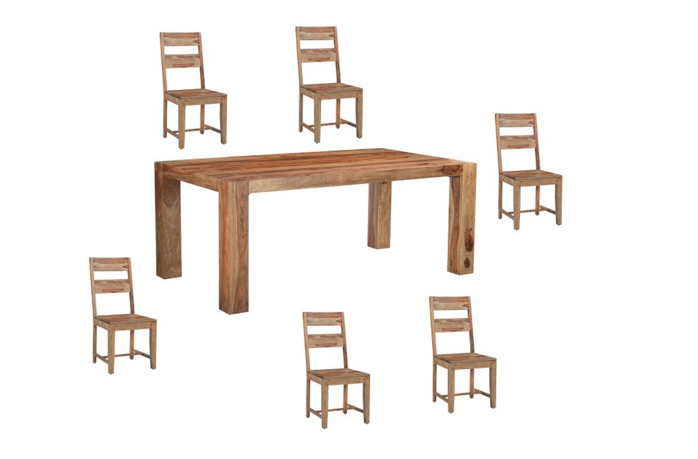 Seven Piece Brown Solid Wood Dining Set with Six Chairs - 30" H x 75" W x 40" D on a white background