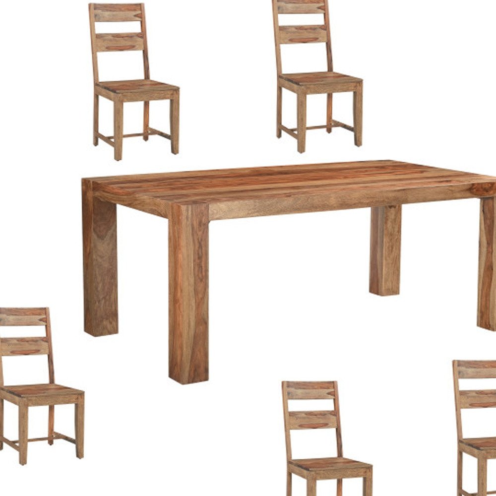 Seven Piece Brown Solid Wood Dining Set with Six Chairs - 30" H x 75" W x 40" D on a white background