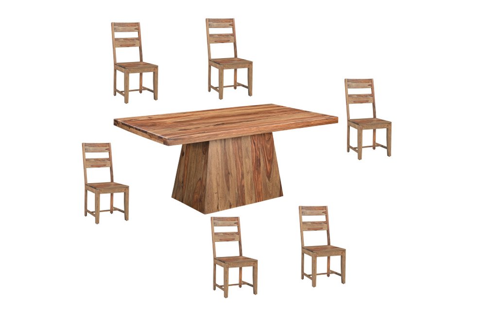 Brown solid wood dining set with a pedestal table and six chairs on a white background.