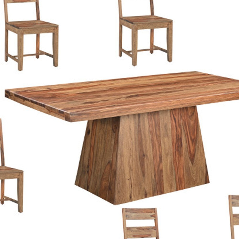 Seven Piece Brown Solid Wood Dining Set with Six Chairs on a white background
