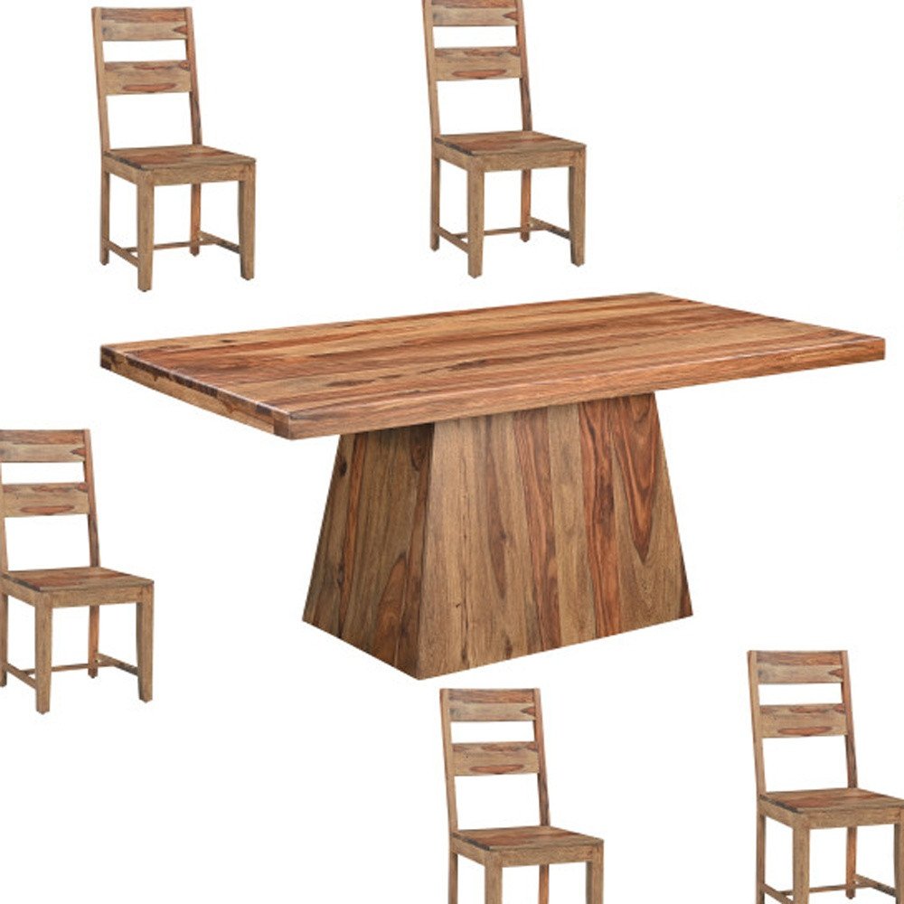 Seven Piece Brown Solid Wood Dining Set with Six Chairs on a white background