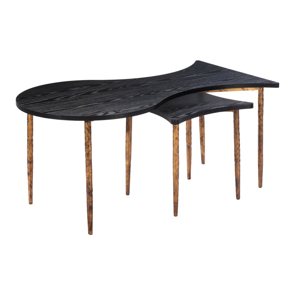 Set of Two Black and Bronze Wood and Steel Free Form Coffee And End Table on a white background