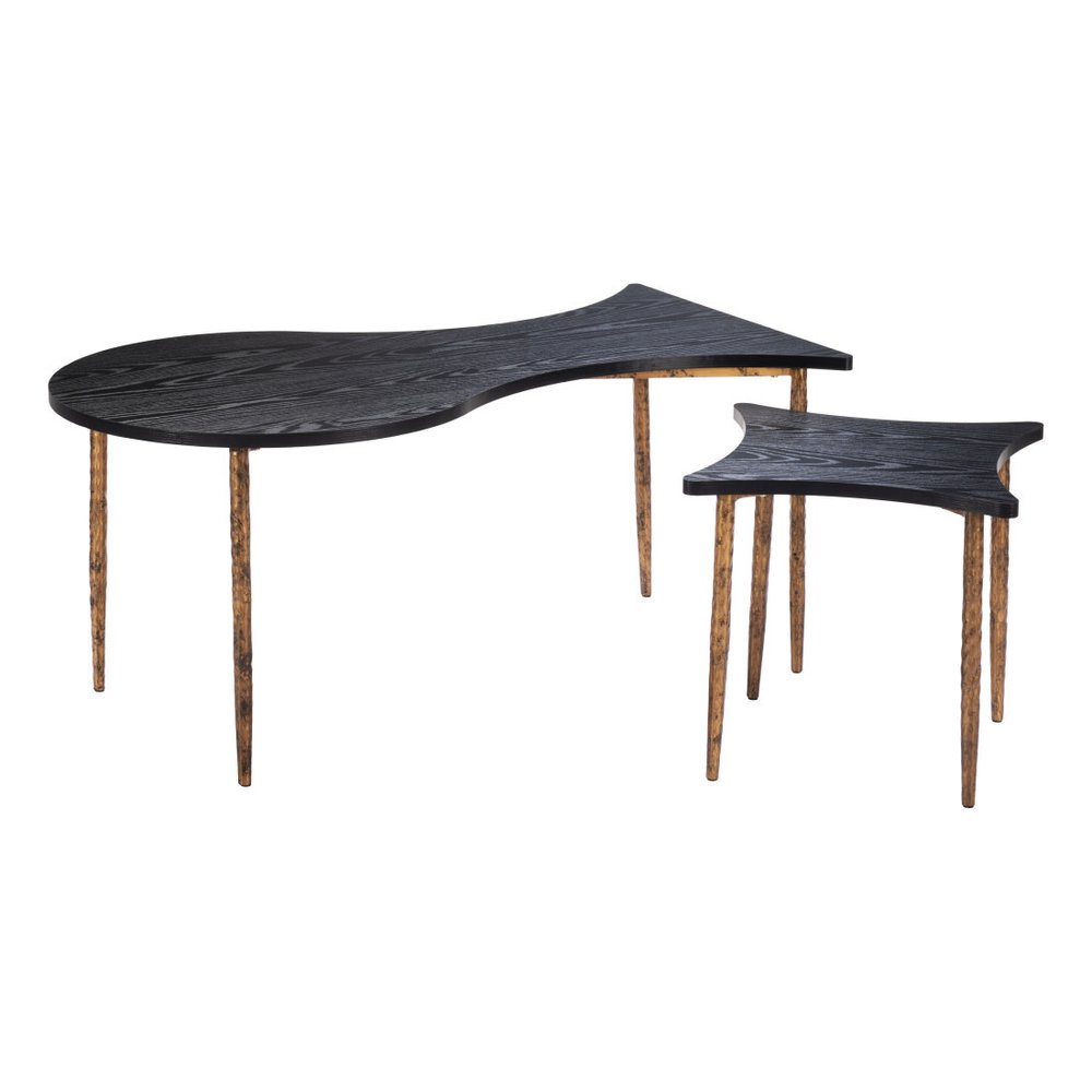 Set of Two Black and Bronze Wood and Steel Free Form Coffee And End Table on a white background
