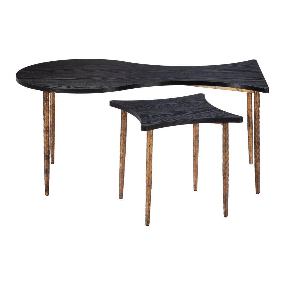 Set of Two Black and Bronze Wood and Steel Free Form Coffee And End Table on a white background