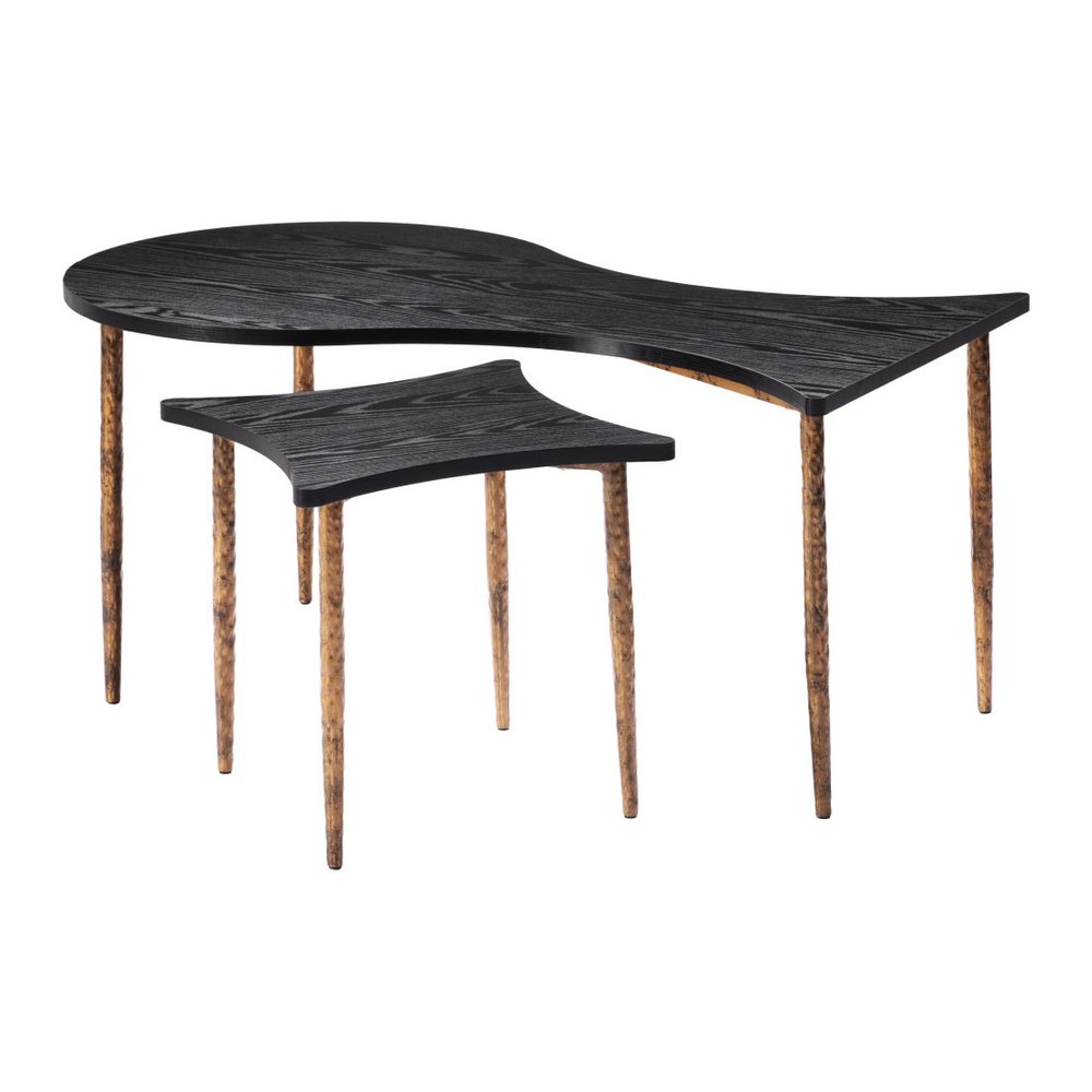 Set of Two Black and Bronze Wood and Steel Free Form Coffee And End Table on a white background