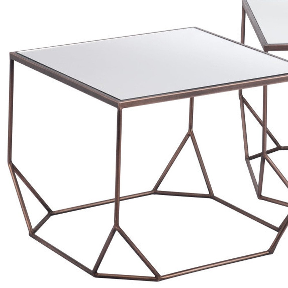 Set of Two Silver and Bronze Mirrored Glass and Steel Square Abstract Bunching Coffee Tables on a white background