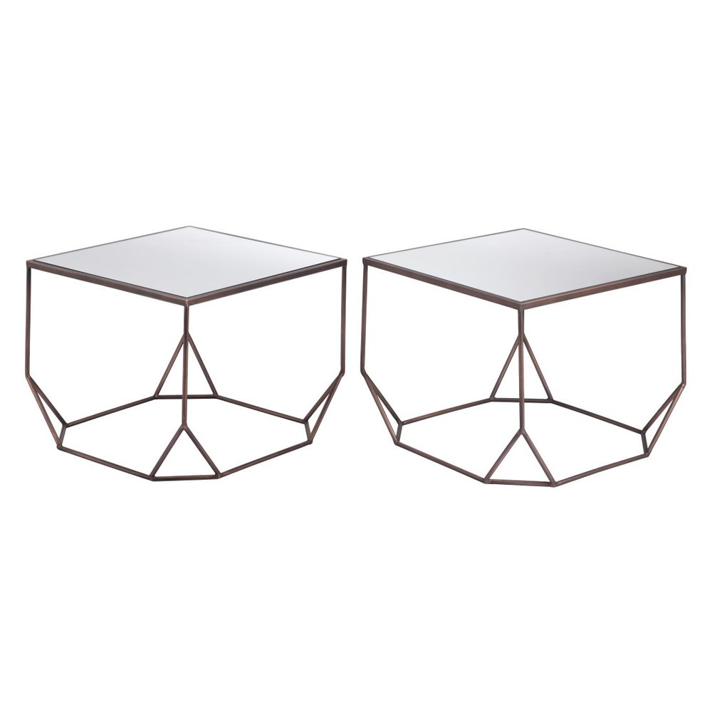 Set of Two Silver and Bronze Mirrored Glass and Steel Square Abstract Bunching Coffee Tables on a white background