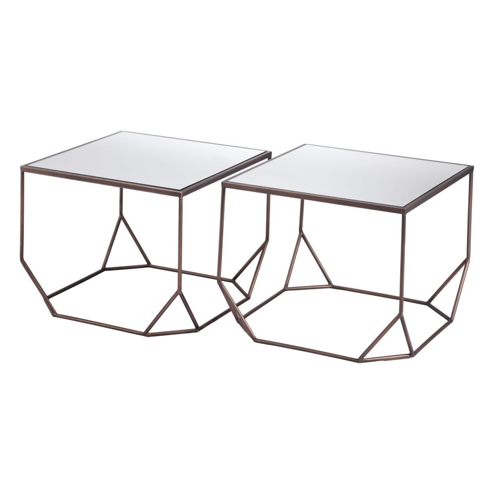 Set of Two Silver and Bronze Mirrored Glass and Steel Square Abstract Bunching Coffee Tables on a white background