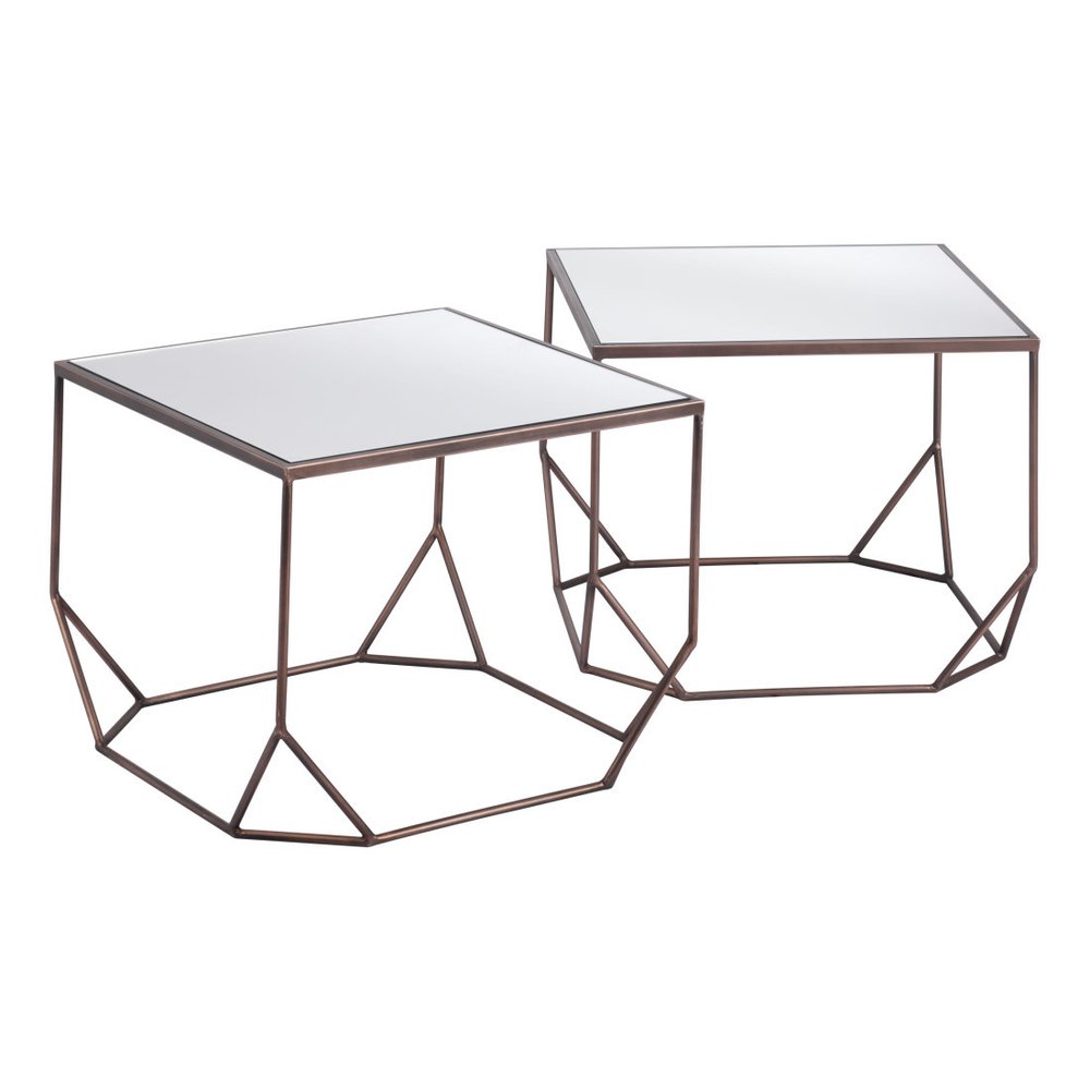 Set of Two Silver and Bronze Mirrored Glass and Steel Square Abstract Bunching Coffee Tables on a white background