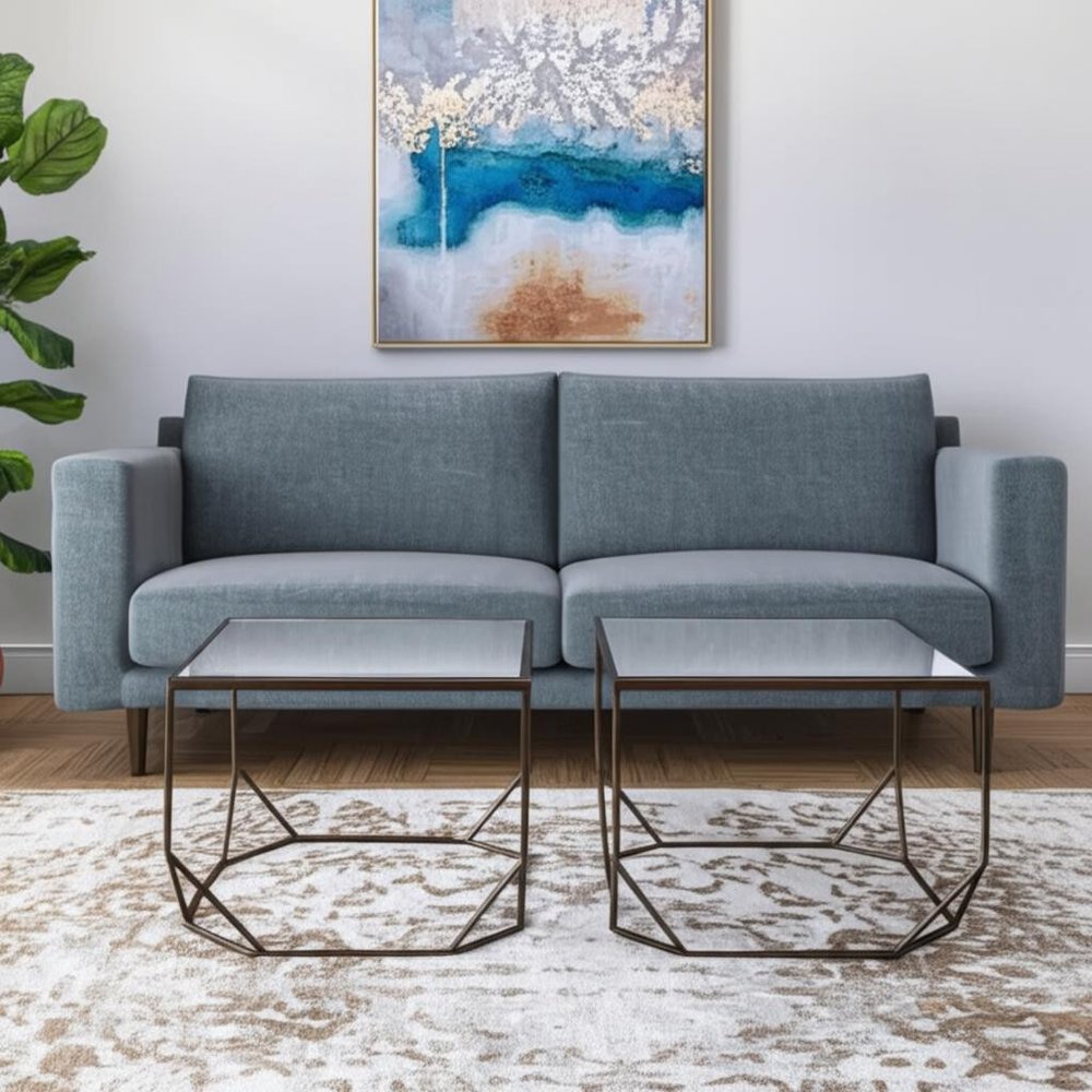 Set of Two Silver and Bronze Mirrored Glass and Steel Square Abstract Bunching Coffee Tables on a white background