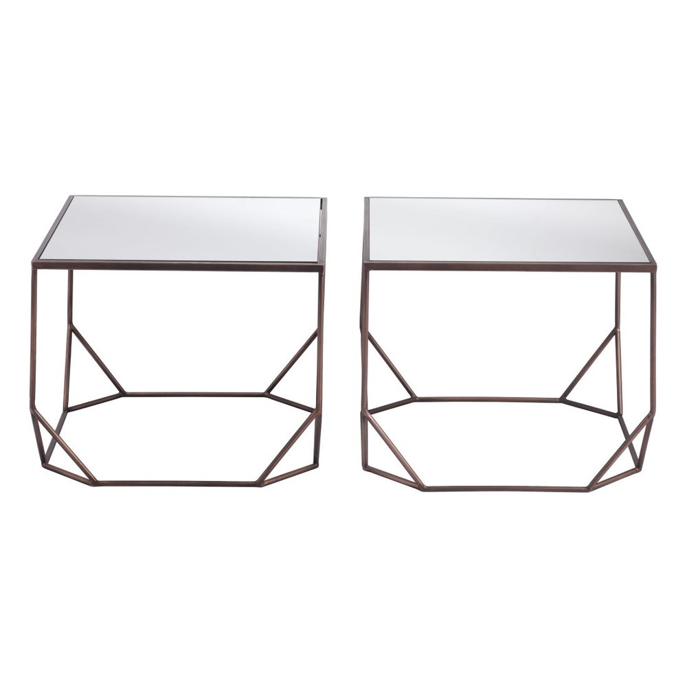 Set of Two Silver and Bronze Mirrored Glass and Steel Square Abstract Bunching Coffee Tables on a white background
