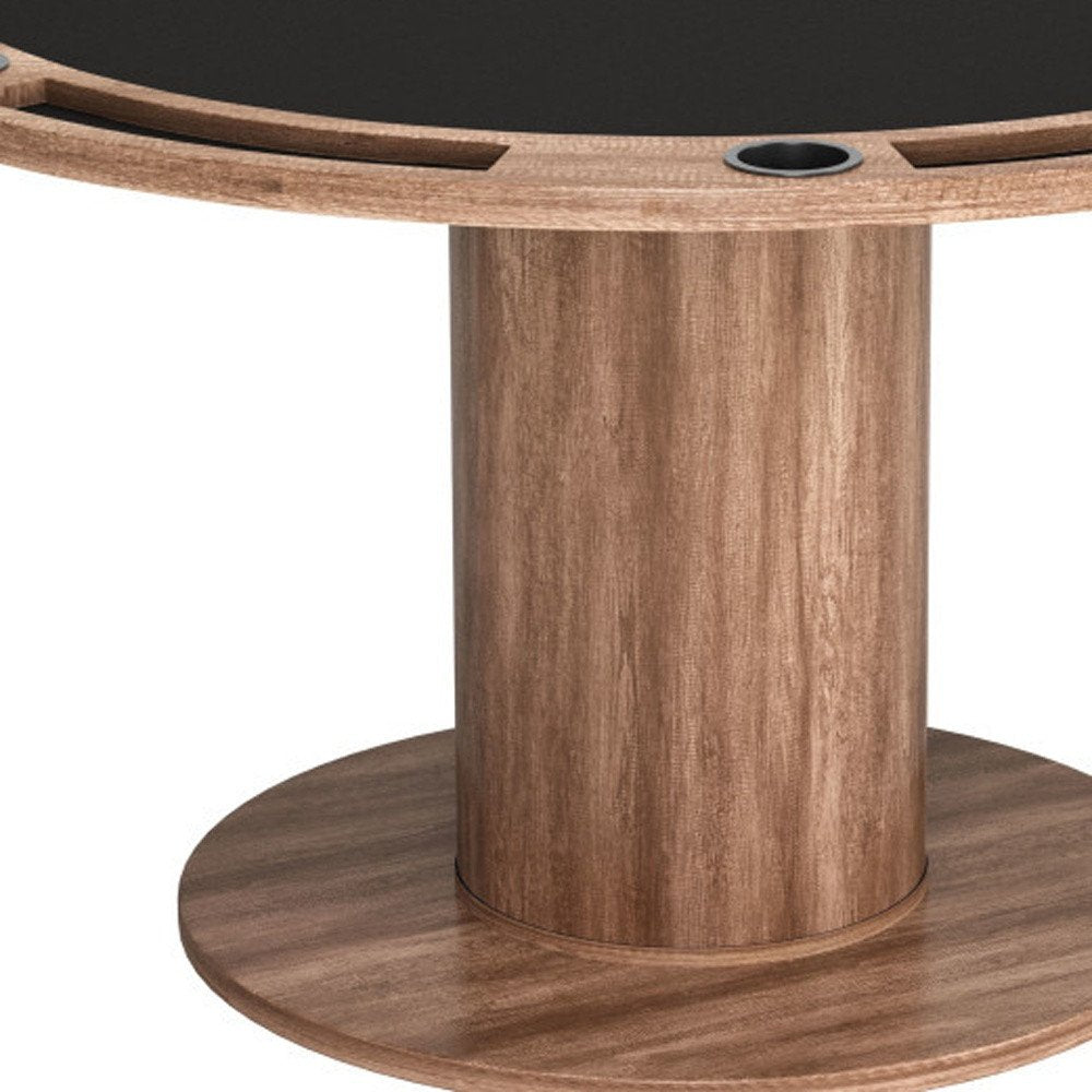 Round game table with black playing surface and wood-grain pedestal base, featuring cup holders and chip trays.