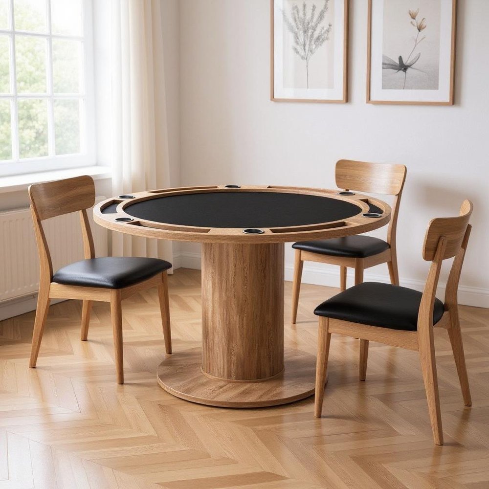 54" Natural And Black Round Convertible Game Table. Game table in tan.
