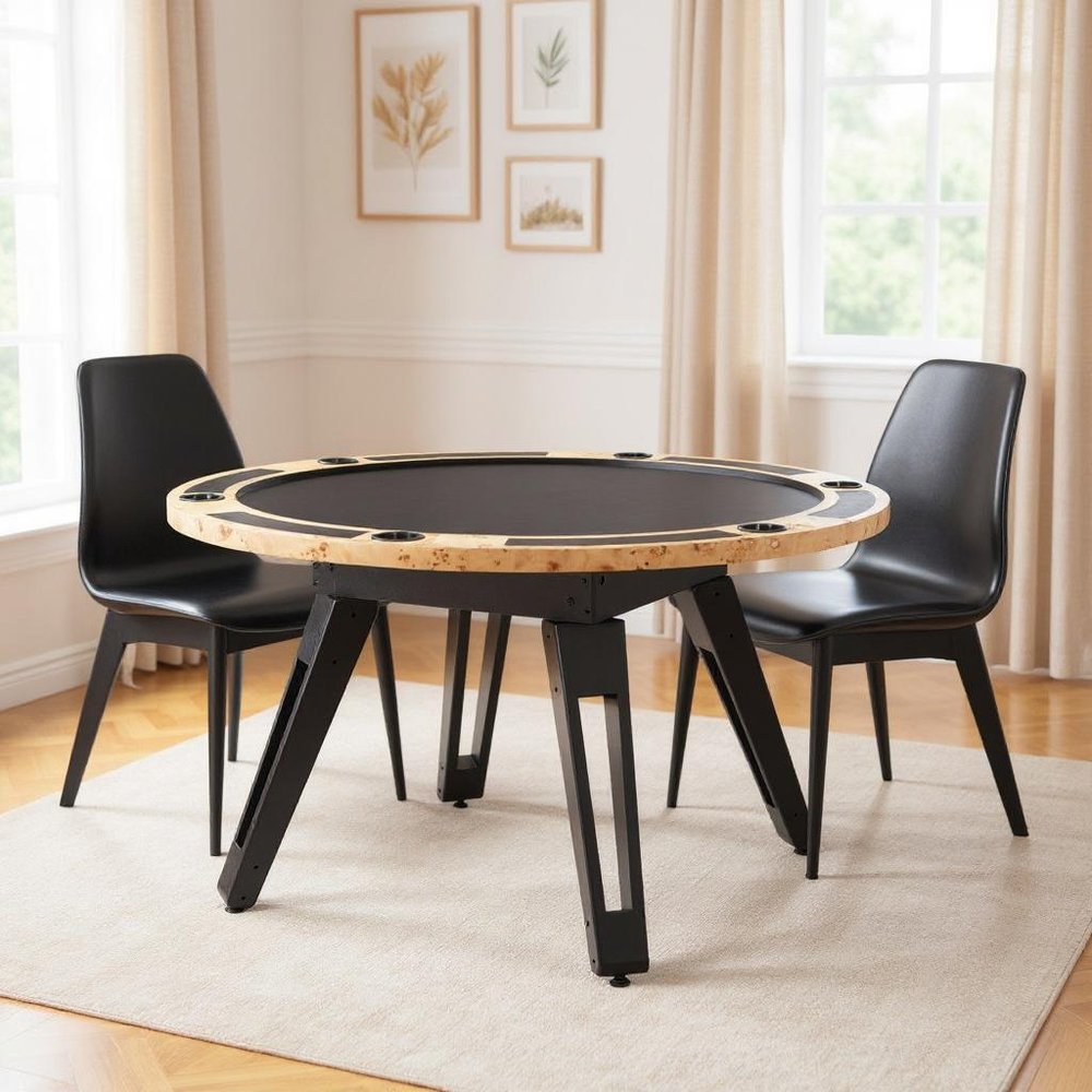 Close-up of 54" Natural Burl And Black Round Convertible Game Table showing tan detail.