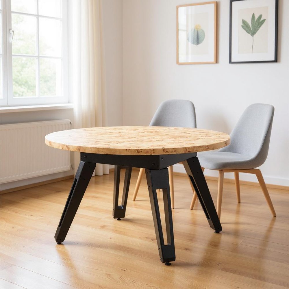 54" Natural Burl And Black Round Convertible Game Table. Game table in tan.