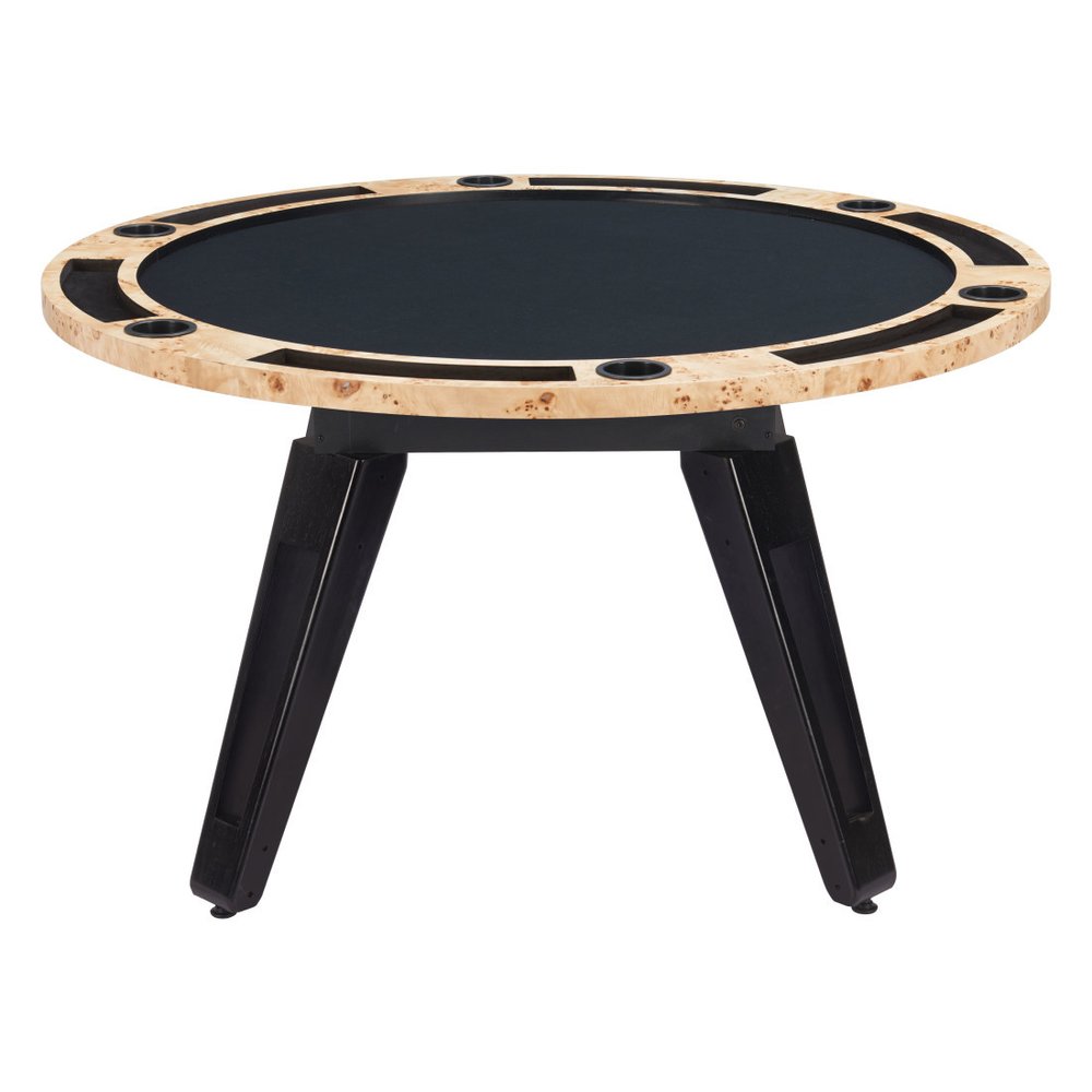 54" Natural Burl And Black Round Convertible Game Table. Game table isolated on a plain white background, in a black finish.