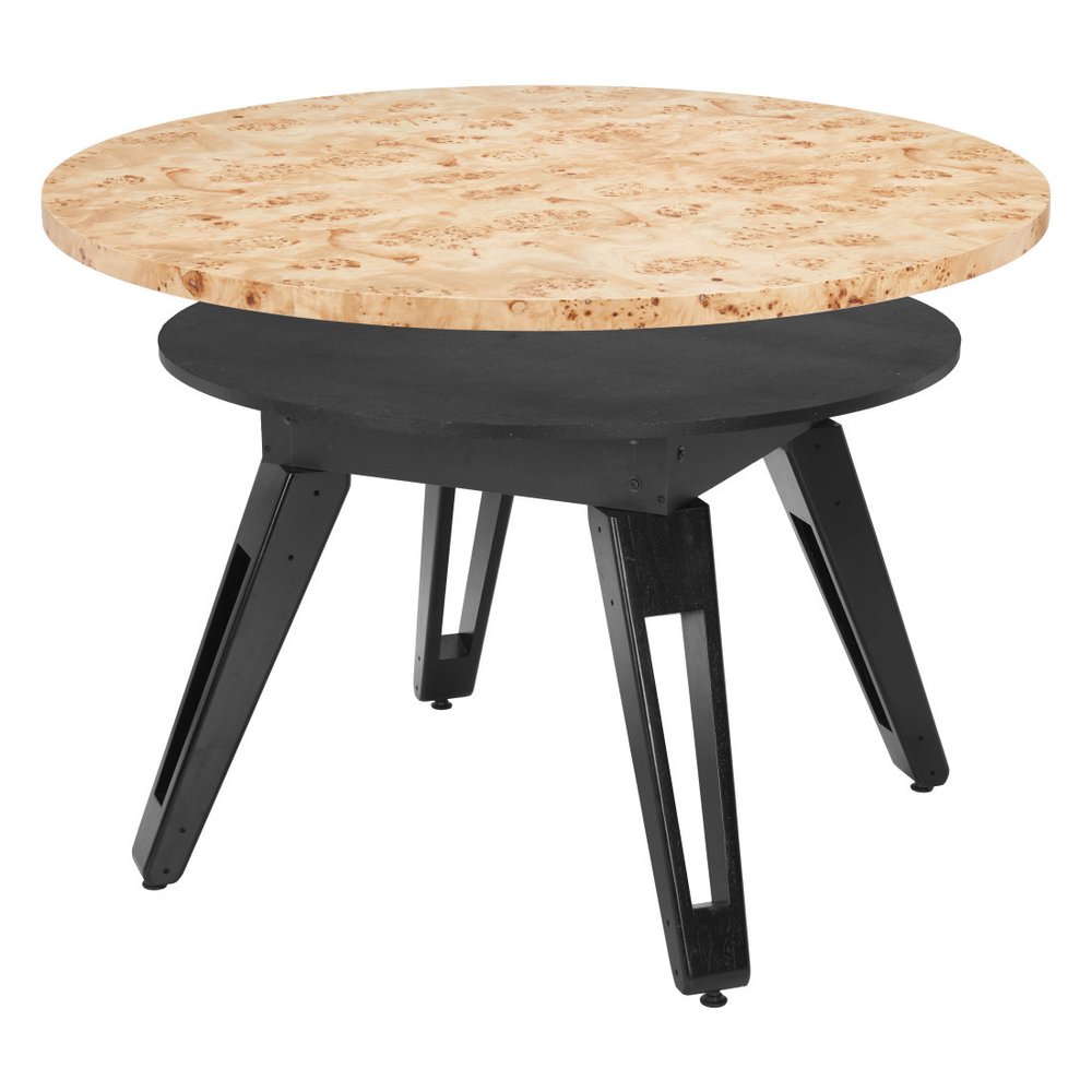 54" Natural Burl And Black Round Convertible Game Table. Game table isolated on a plain white background, in a black finish.