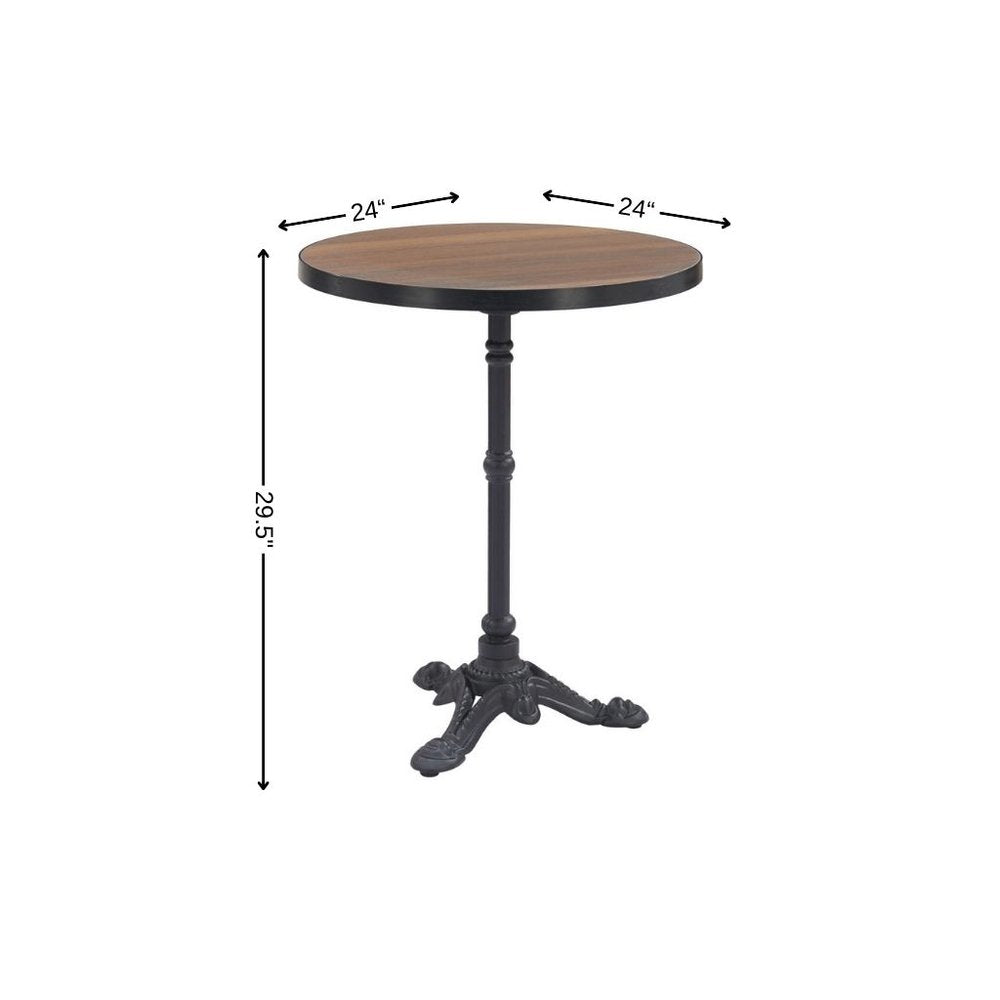 24" Walnut and Black Wood And Aluminum Indoor Outdoor Pedestal Base Round Top Dining Table. Outdoor table isolated on a plain white background, showing a black metal surface.