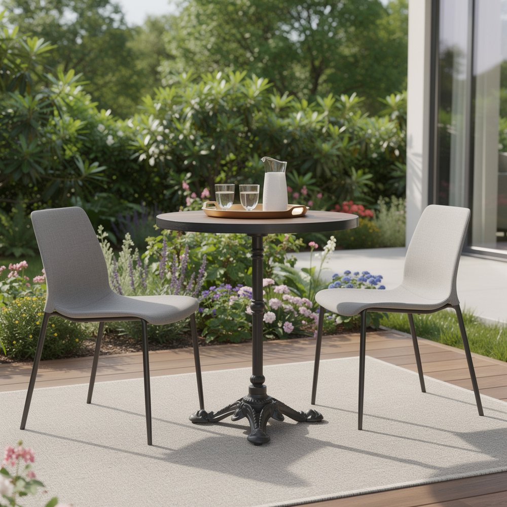 24" Walnut and Black Wood And Aluminum Indoor Outdoor Pedestal Base Round Top Dining Table