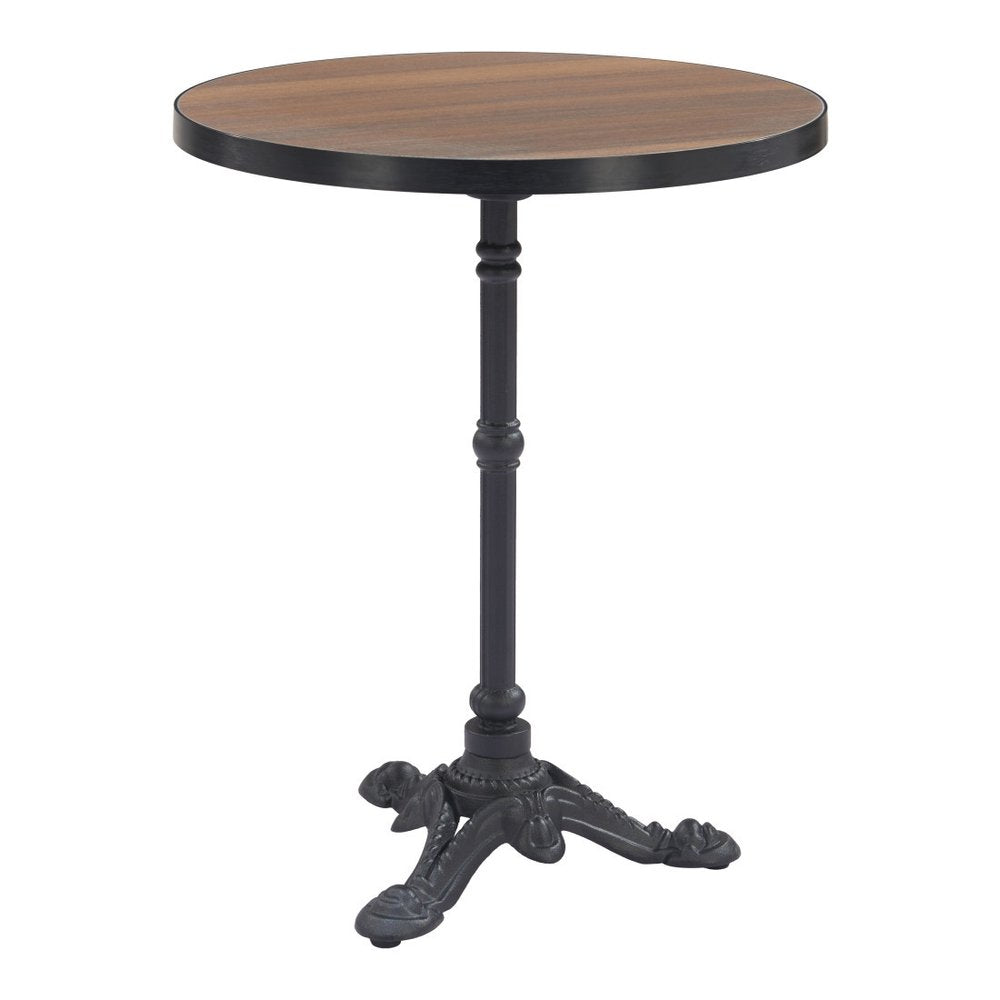 24" Walnut and Black Wood And Aluminum Indoor Outdoor Pedestal Base Round Top Dining Table. Outdoor table isolated on a plain white background, showing a walnut metal surface.