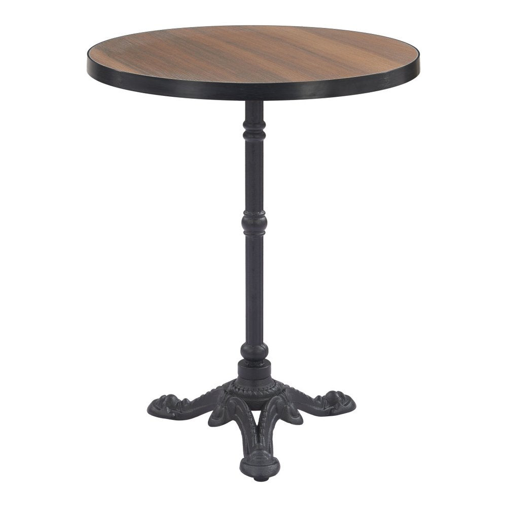 24" Walnut and Black Wood And Aluminum Indoor Outdoor Pedestal Base Round Top Dining Table. Outdoor table isolated on a plain white background, finished in walnut metal.