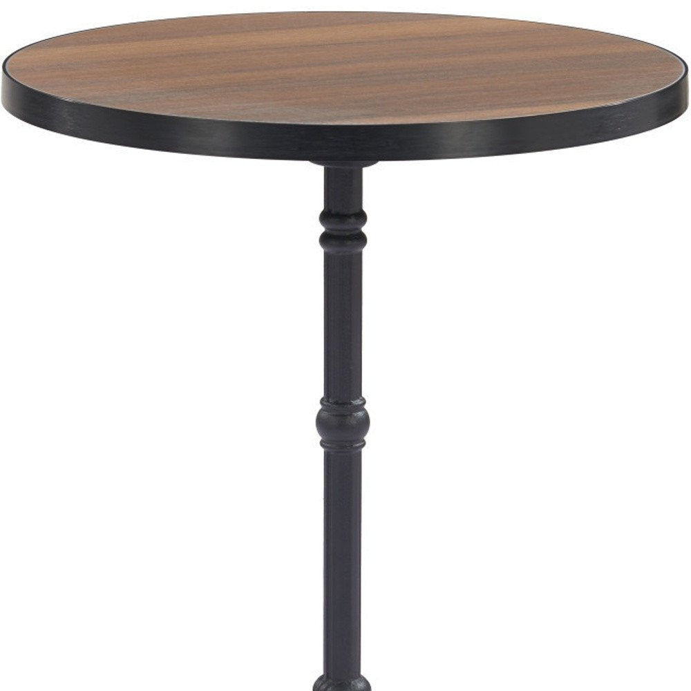 24" Walnut and Black Wood And Aluminum Indoor Outdoor Pedestal Base Round Top Dining Table