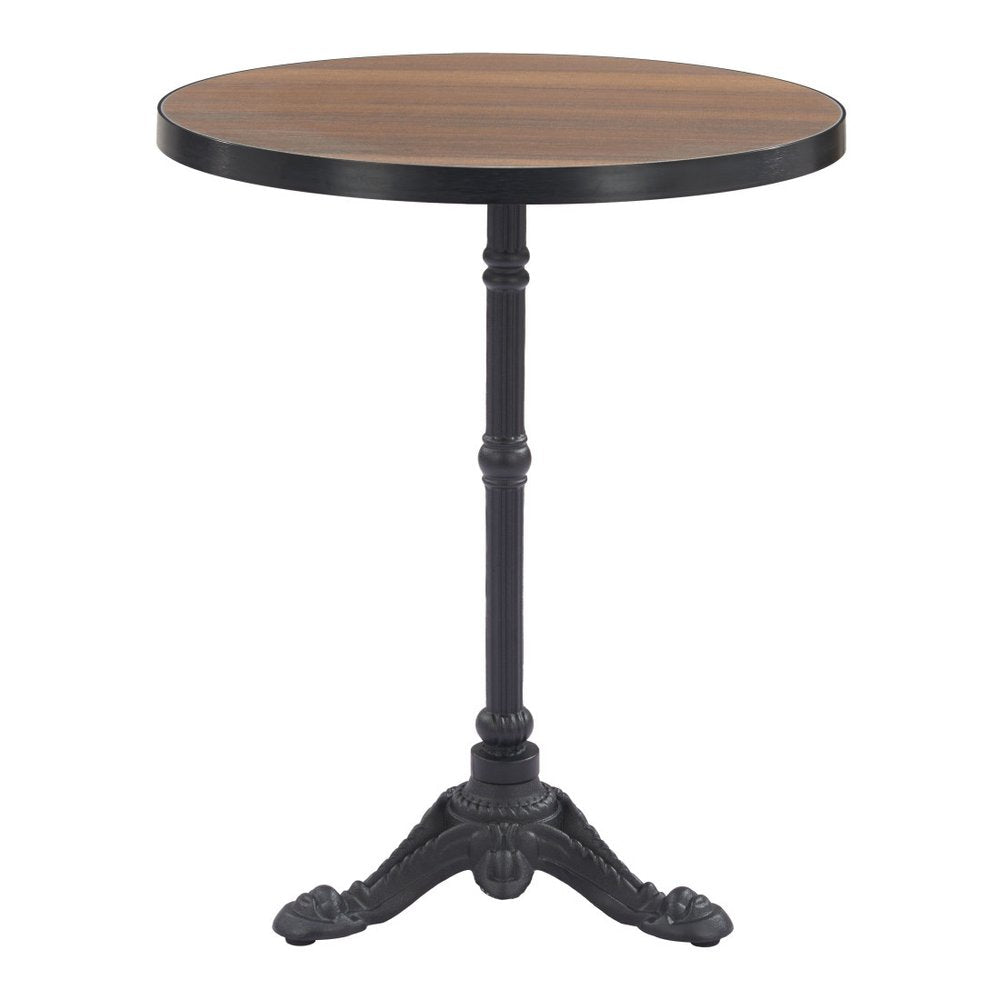 24" Walnut and Black Wood And Aluminum Indoor Outdoor Pedestal Base Round Top Dining Table. Outdoor table isolated on a plain white background, showing a walnut metal surface.