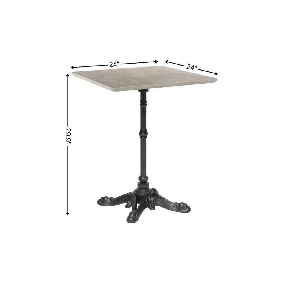 24" Gray and Black Wood And Aluminum Indoor Outdoor Pedestal Base Round Top Dining Table. Outdoor table isolated on a plain white background, in a black metal finish.