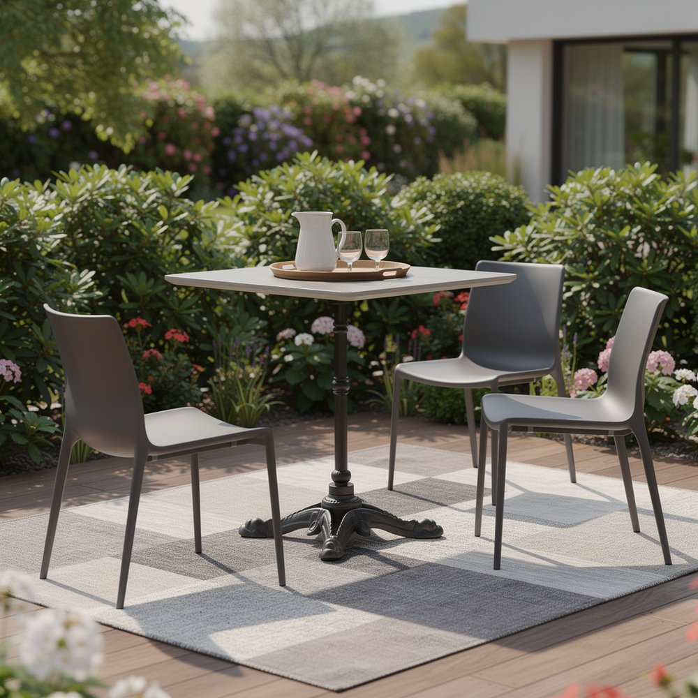 24" Gray and Black Wood And Aluminum Indoor Outdoor Pedestal Base Round Top Dining Table styled in a furnished interior with a olive wall on a wood floor.