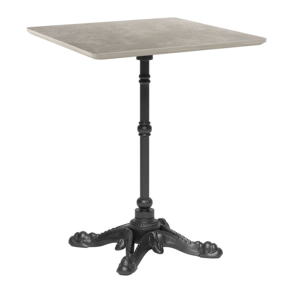 24" Gray and Black Wood And Aluminum Indoor Outdoor Pedestal Base Round Top Dining Table. Outdoor table isolated on a plain white background, in a black metal finish.