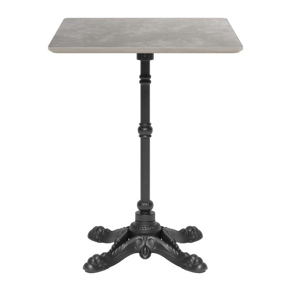 24" Gray and Black Wood And Aluminum Indoor Outdoor Pedestal Base Round Top Dining Table. Outdoor table isolated on a plain white background, showing a black metal surface.