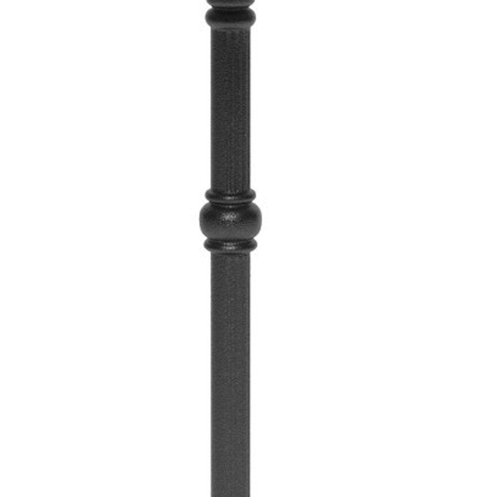 Black metal table pedestal with decorative ball accent on a white background