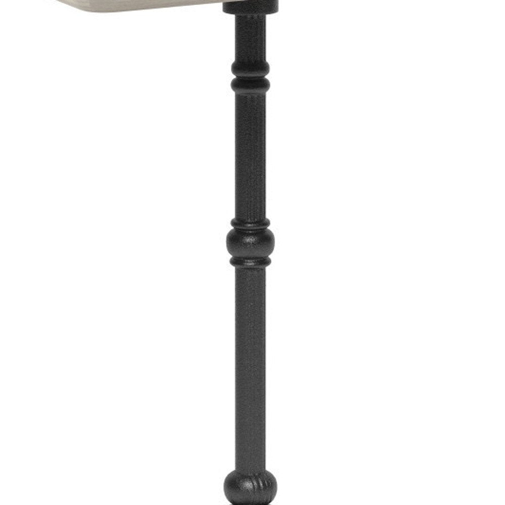 24" Gray and Black Wood And Aluminum Indoor Outdoor Pedestal Base Round Top Dining Table. Outdoor table isolated on a plain white background, in a black metal finish.